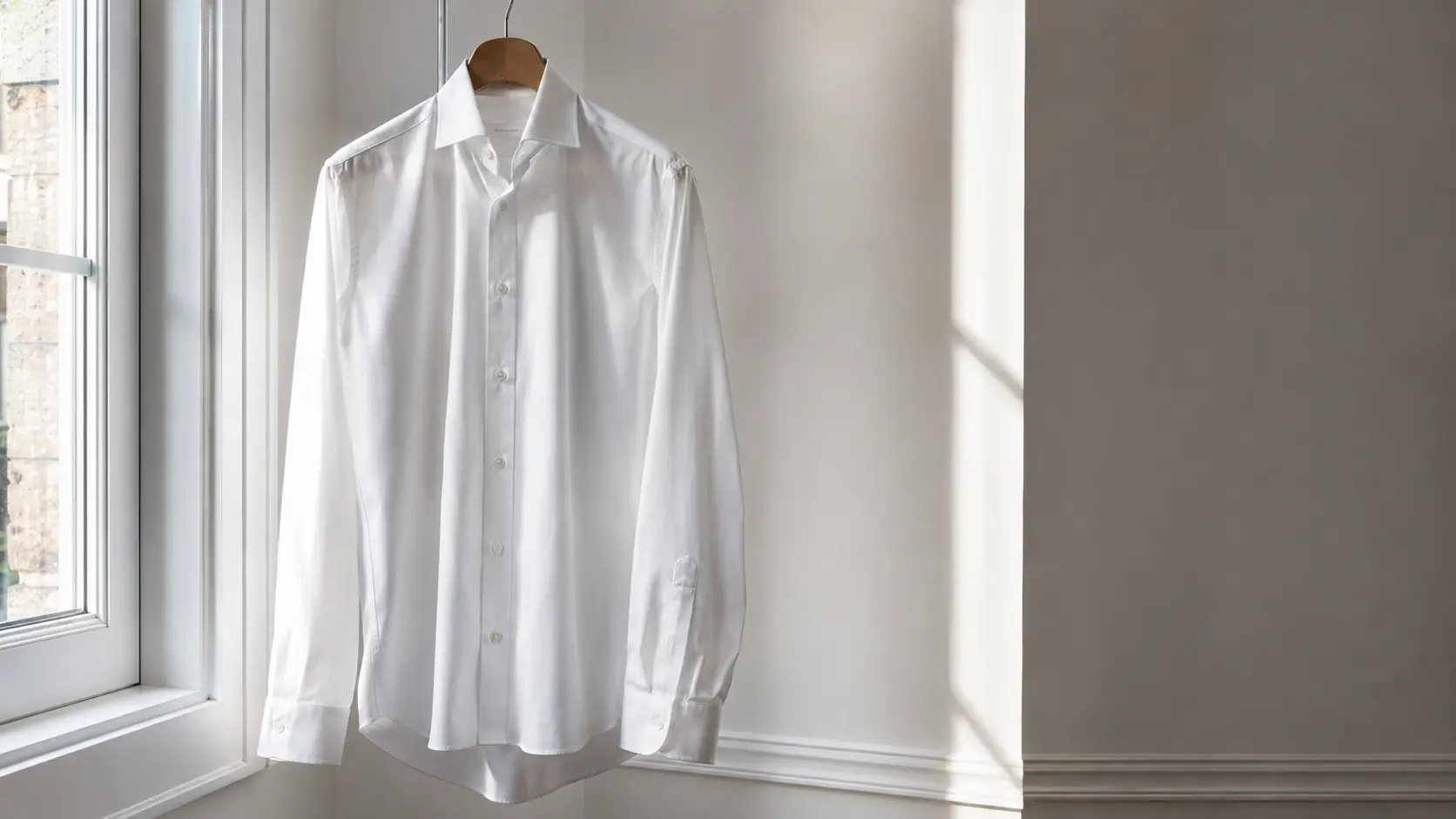 Chemise blanche en coton suspendue près d’une fenêtre avec plis, coutures et boutons de nacre visibles