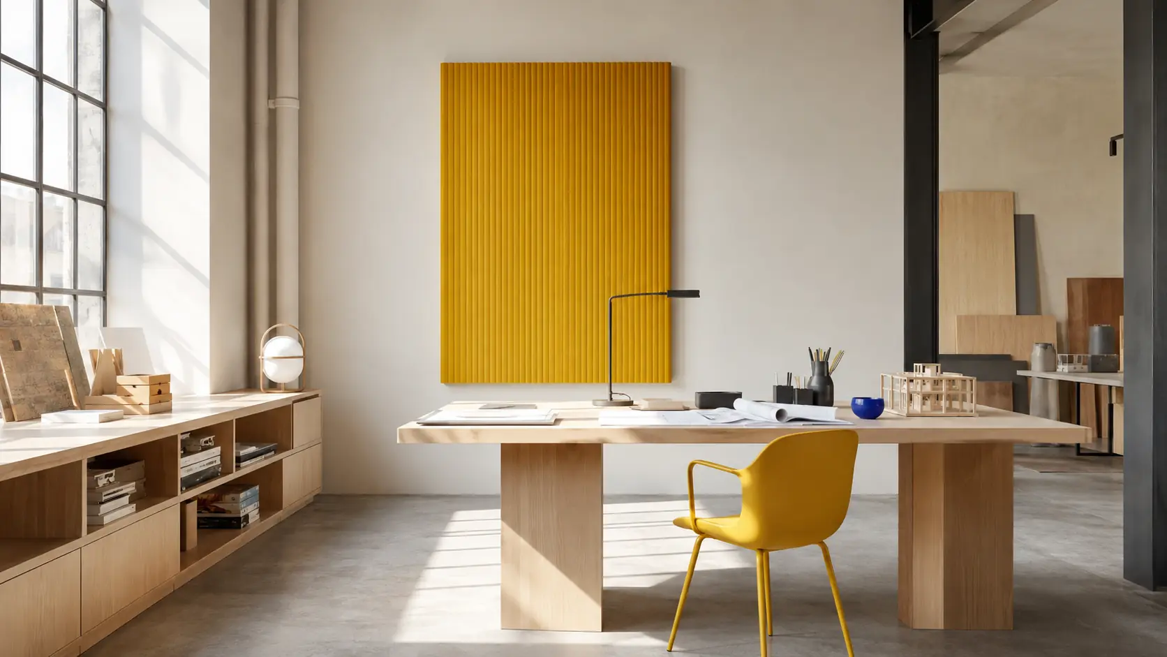 Studio contemporain lumineux avec grand panneau acoustique jaune vif, chaise jaune, murs ivoire, mobilier en bouleau clair, structure graphite et très petit objet bleu cobalt