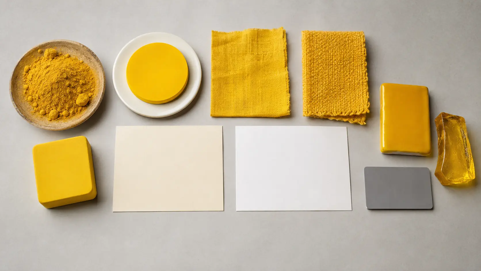 Étude de matières jaunes réunissant ocre en poudre, pigment jaune vif, lin teint, laine tissée, papiers vierges couché et non couché, céramique émaillée, verre translucide