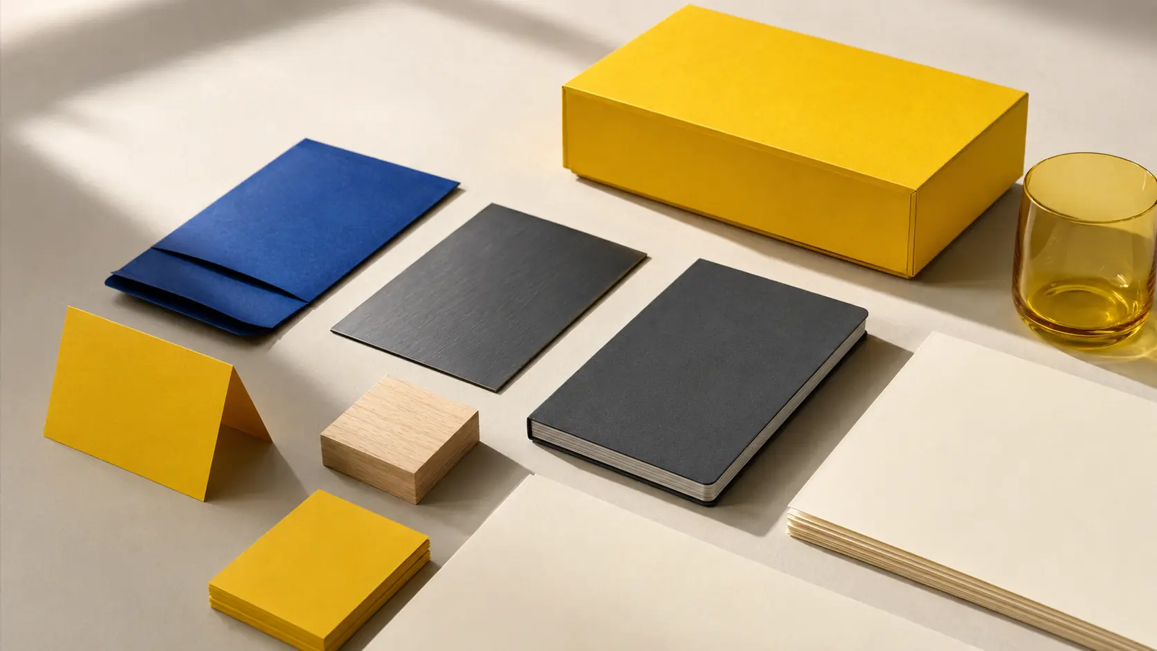 Système d’application jaune sans marque avec boîte jaune, cartes jaunes vierges, papiers ivoire, carnet graphite, chemise bleu cobalt, plaque sombre sans symbole