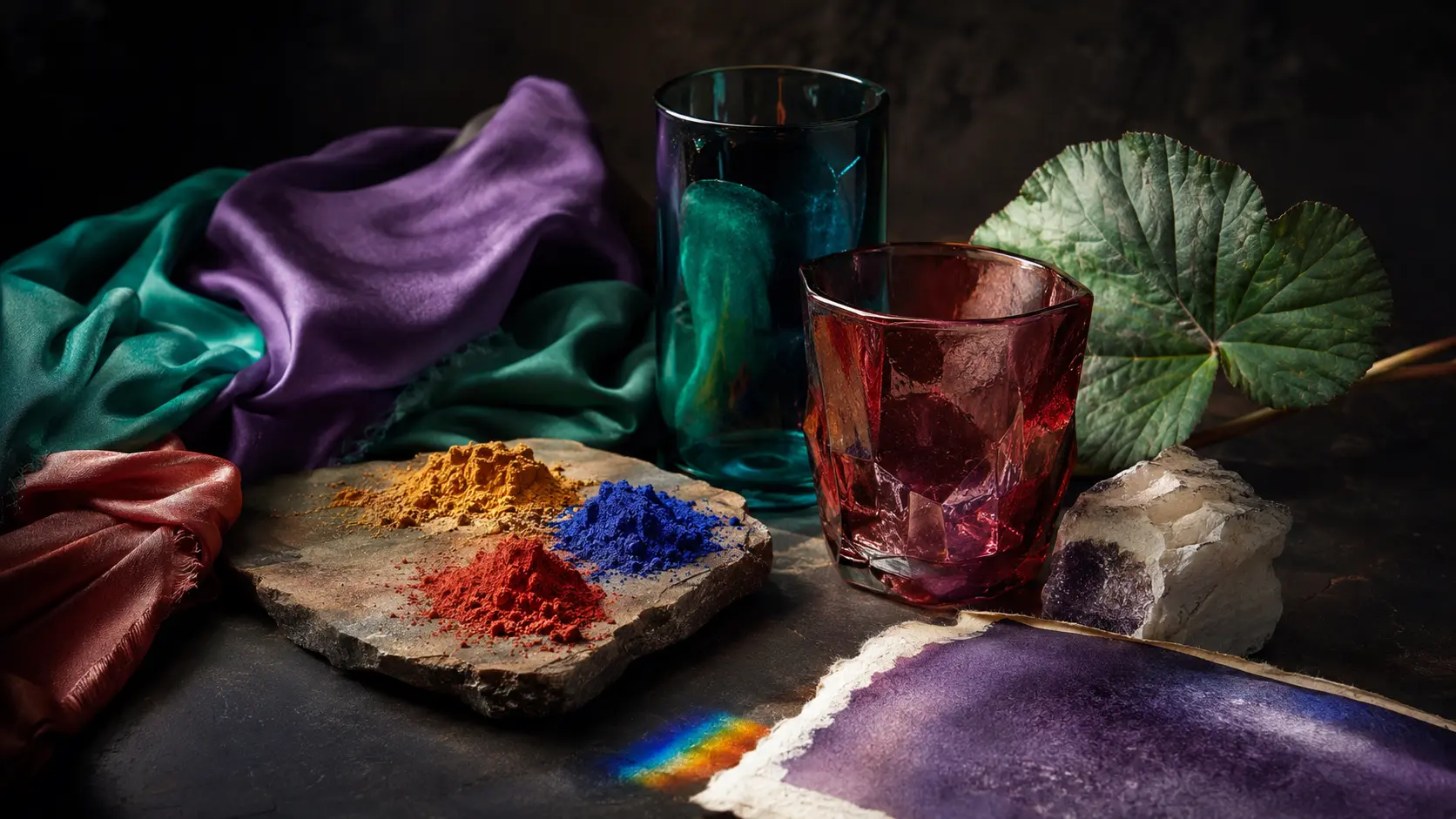 Verre, textile et pigments dans des tons sauge et terracotta